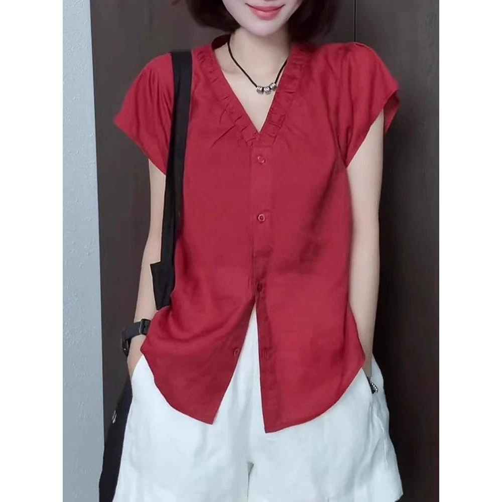 潮流V领纽扣设计短袖衬衫女2025年夏季新款时尚百搭洋气简约上衣