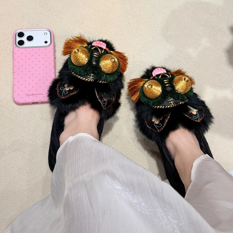 冬款黄鲜森纯手工千层底非遗女单布鞋虎头民族风小怪兽保暖盘金