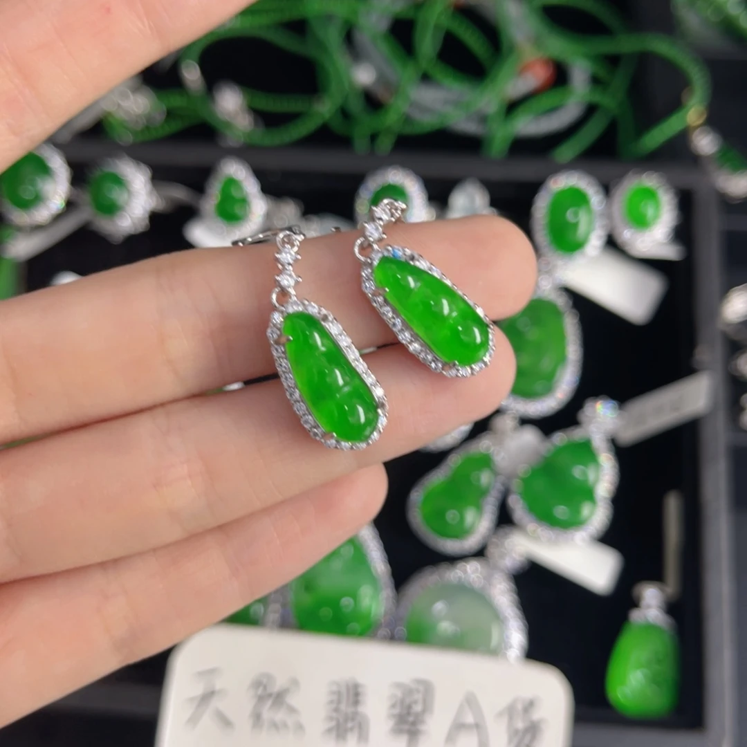 翡翠银S925镶嵌戒指福豆耳钩