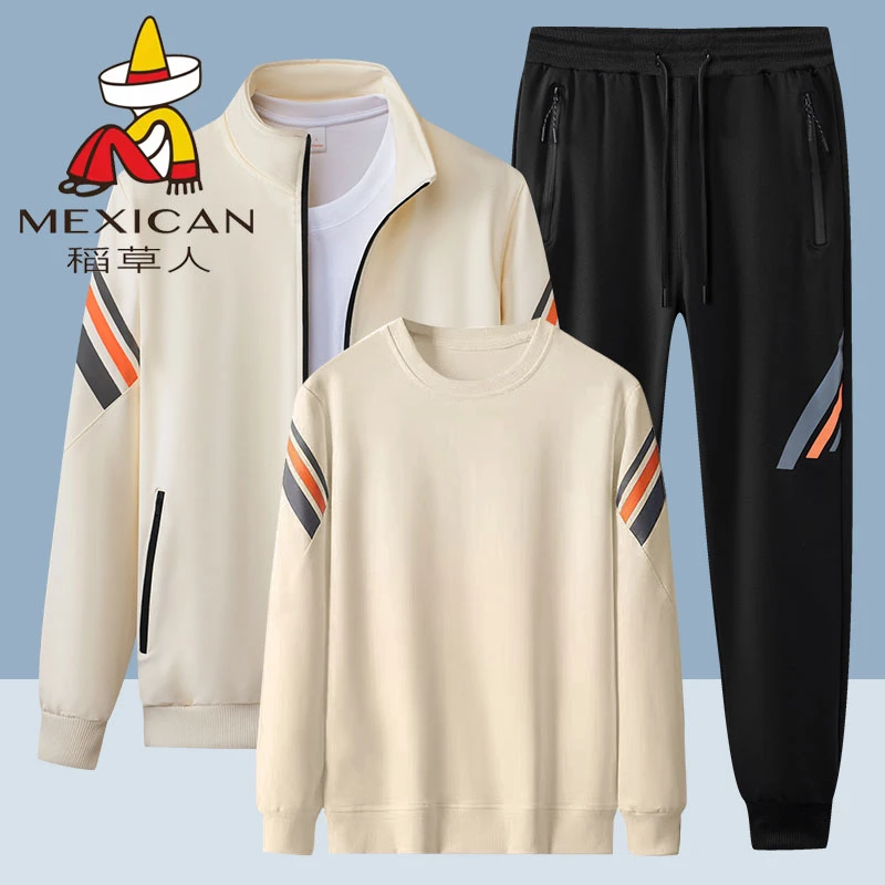 稻草人春秋休闲运动套装男士三件套休闲宽松男装开衫卫衣一整套