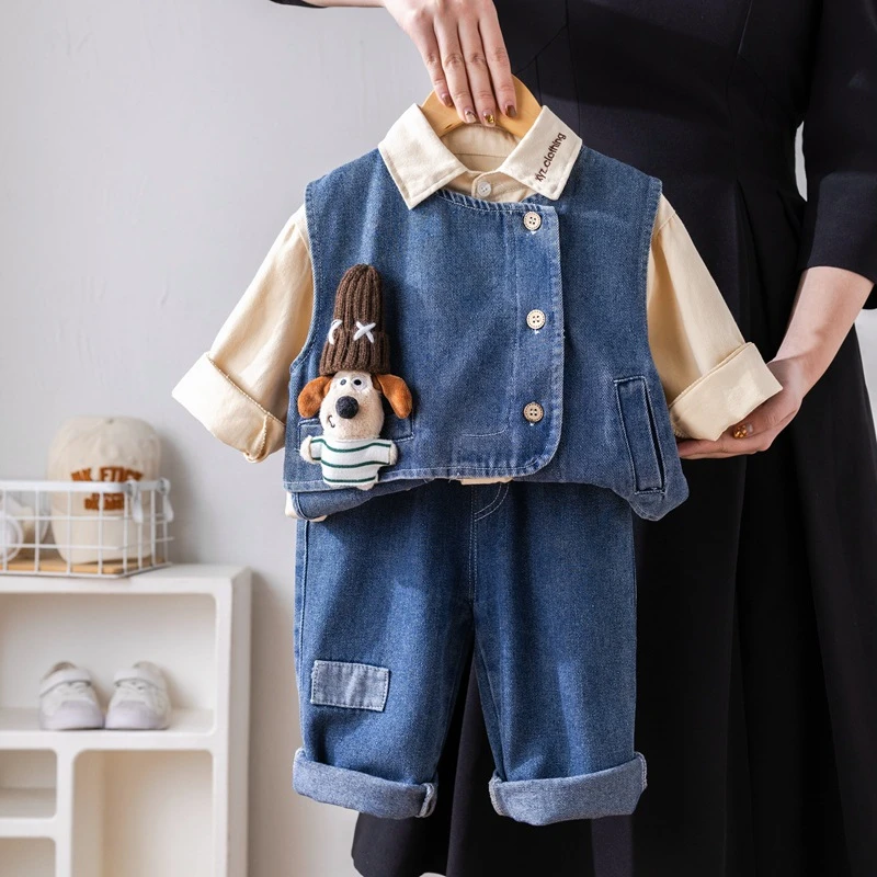 【沫沫家】春秋季新款男女童牛仔马甲长袖衬衫三件套时尚长裤套装