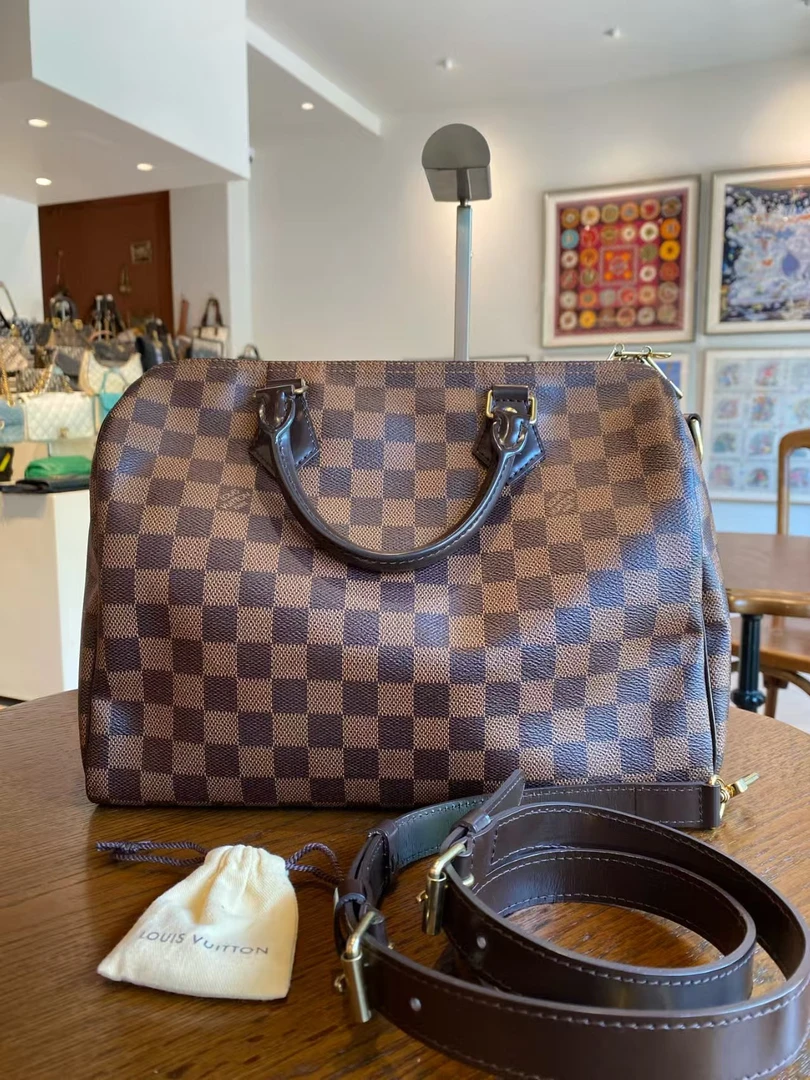 99新 LouisVuitton/路易威登 大力中古/speedy30棕色棋盘格单肩包