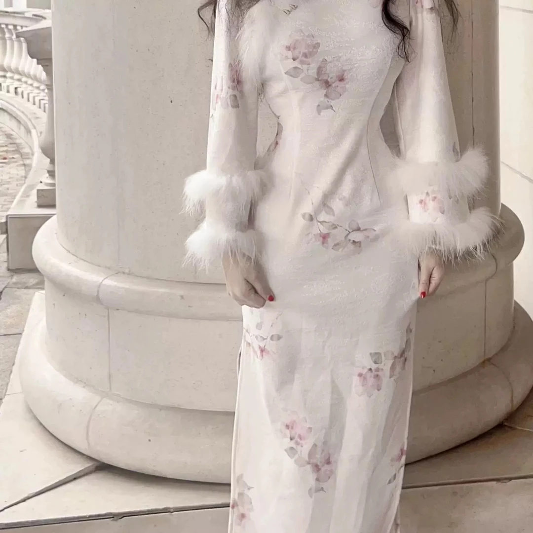 宋宋中式    白玉复古气质少女温柔浪漫优雅白色日常毛领旗袍