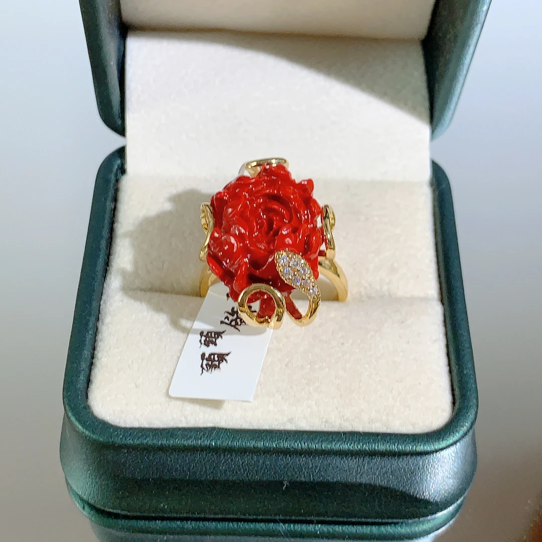 铜合金合成锆石戒指 TTSD 红色简约牡丹花时尚戒指 583