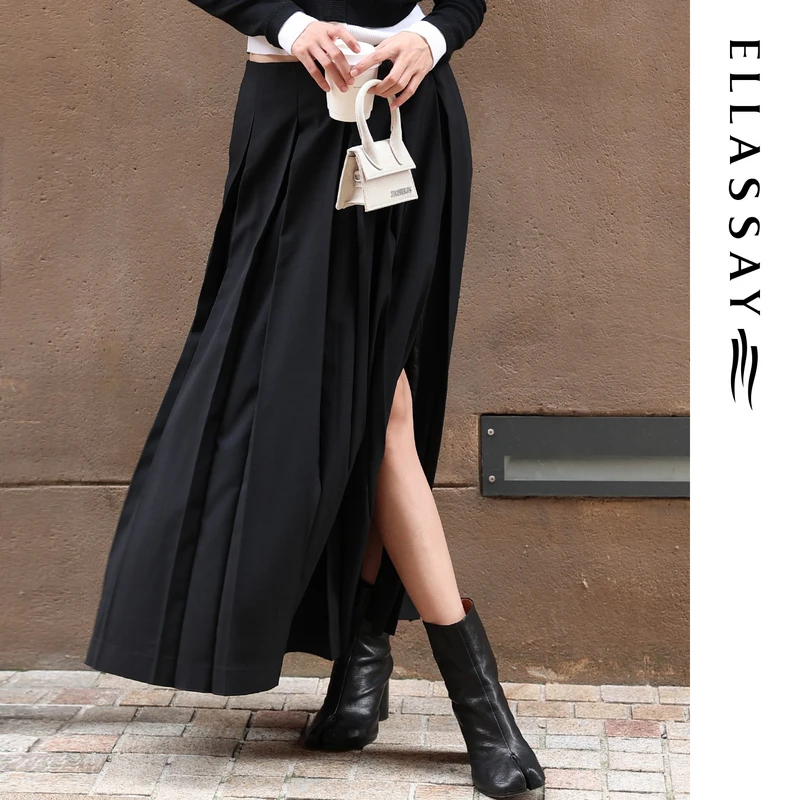 ELLASSAY歌力思2025秋季新款长款侧开叉百褶半身裙女EWB363Q01400