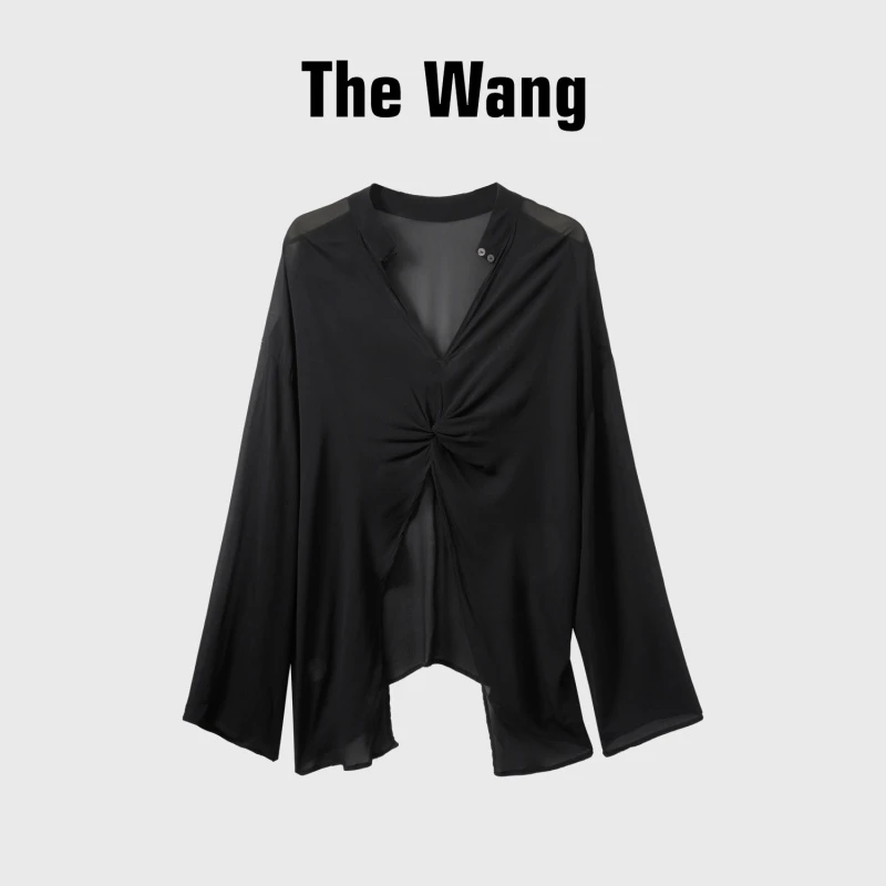 The Wang【琉璃纱】100桑蚕丝v领落肩流光黑衬衫 夏B501-M8015