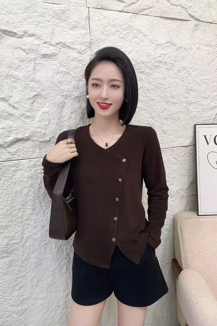 针织拼接V领时尚长袖网红简约休闲打底衫百搭T恤短款常规款