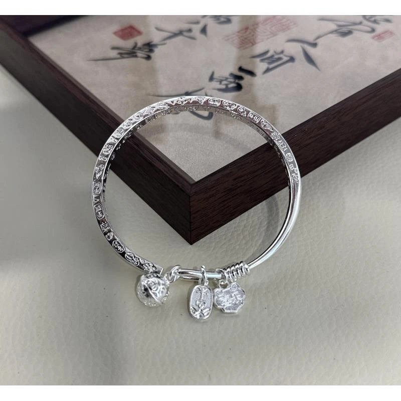 足银手镯  足银999.9 四方吉言新中式古风宫铃开口镯送女友送闺蜜