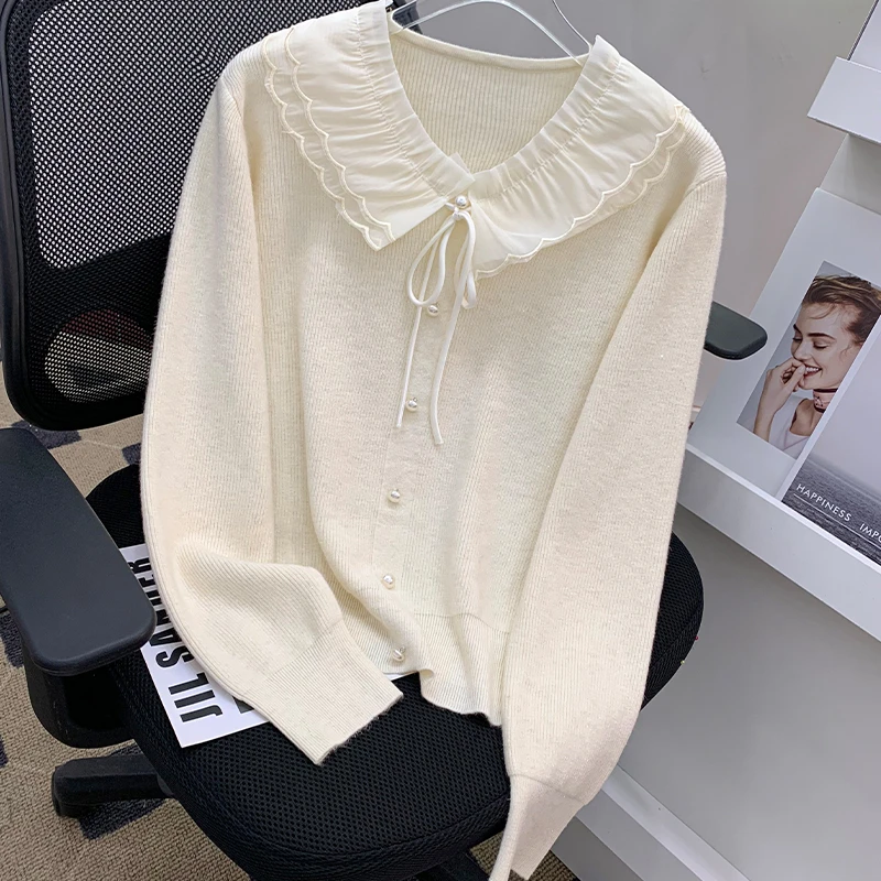 法式设计感花瓣领珍珠扣针织衫减龄系带设计感打底上衣女