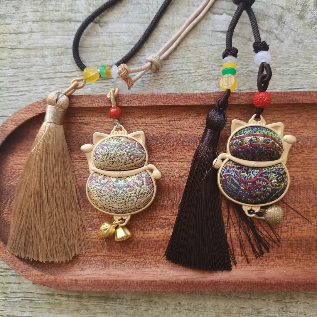 新款手工非遗名家宋锦真丝双面招财猫汽车挂件包挂饰生日节日礼物