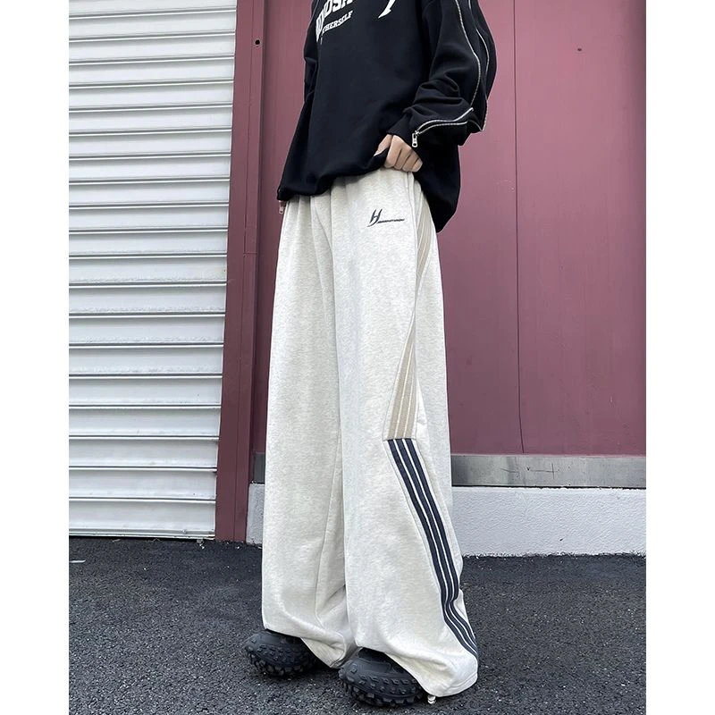 重磅街头复古条纹休闲卫裤男美式三条杆抽绳潮牌男生阔腿运动长裤