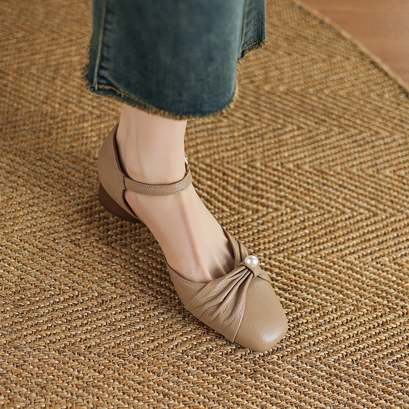 凉鞋百搭夏季复古法式粗跟中跟真皮玛丽珍平底尖头方头低跟一字带