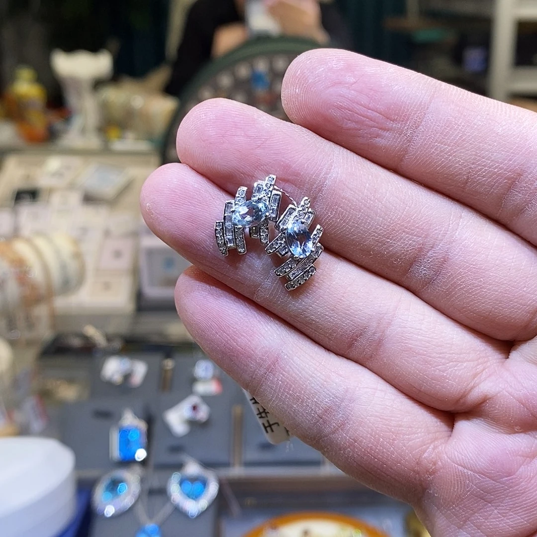 海蓝宝石耳钉银S925镶嵌