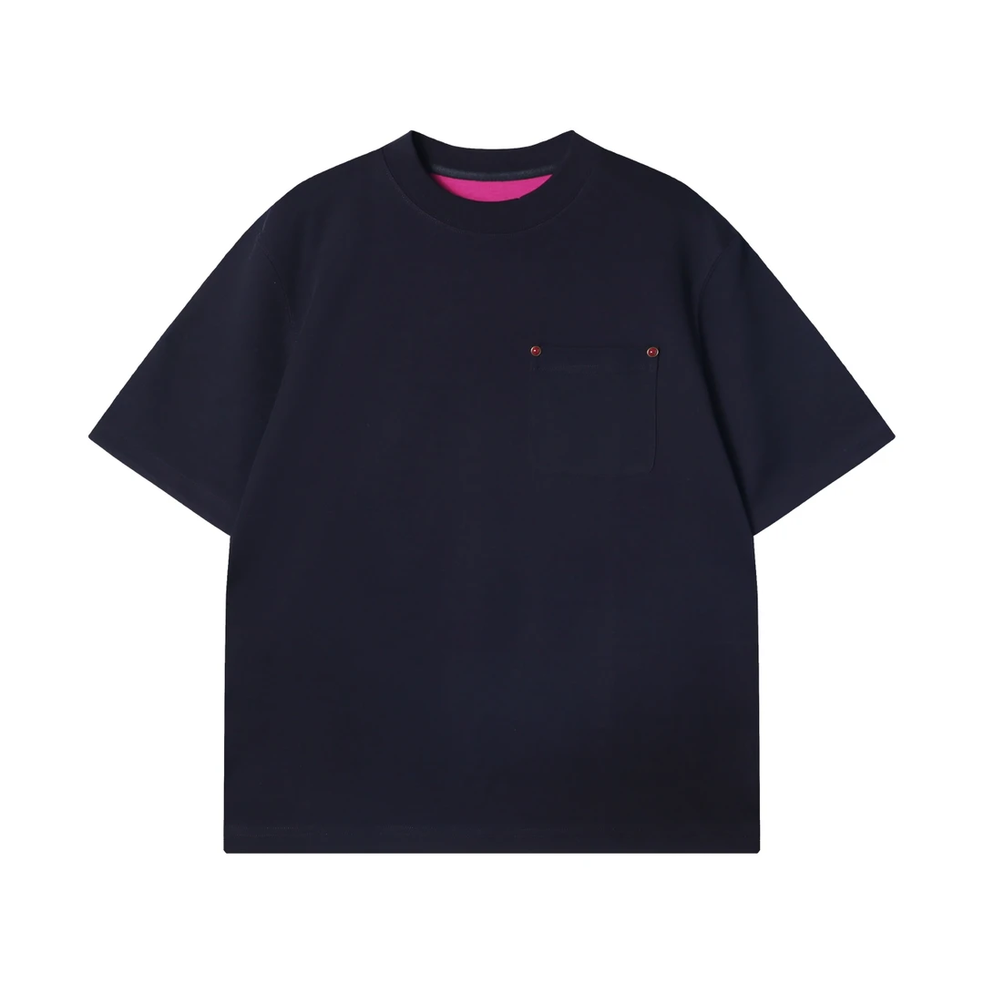 夏季高级感新款韩版纯色纽扣口袋圆领短袖T恤休闲情侣宽松上衣