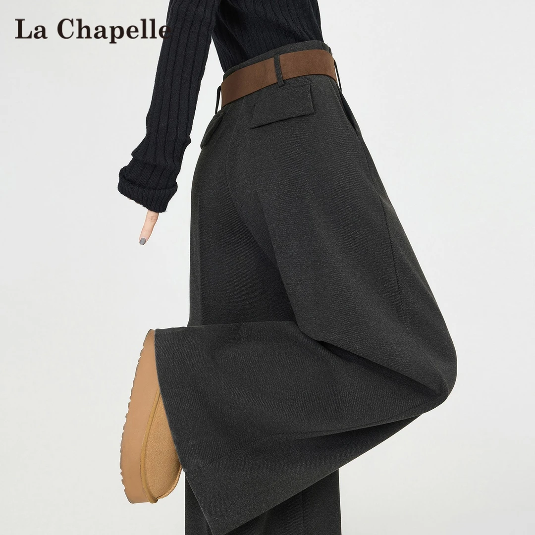 拉夏贝尔深灰色毛呢阔腿裤女秋冬新款宽松显瘦高腰垂感休闲西装裤