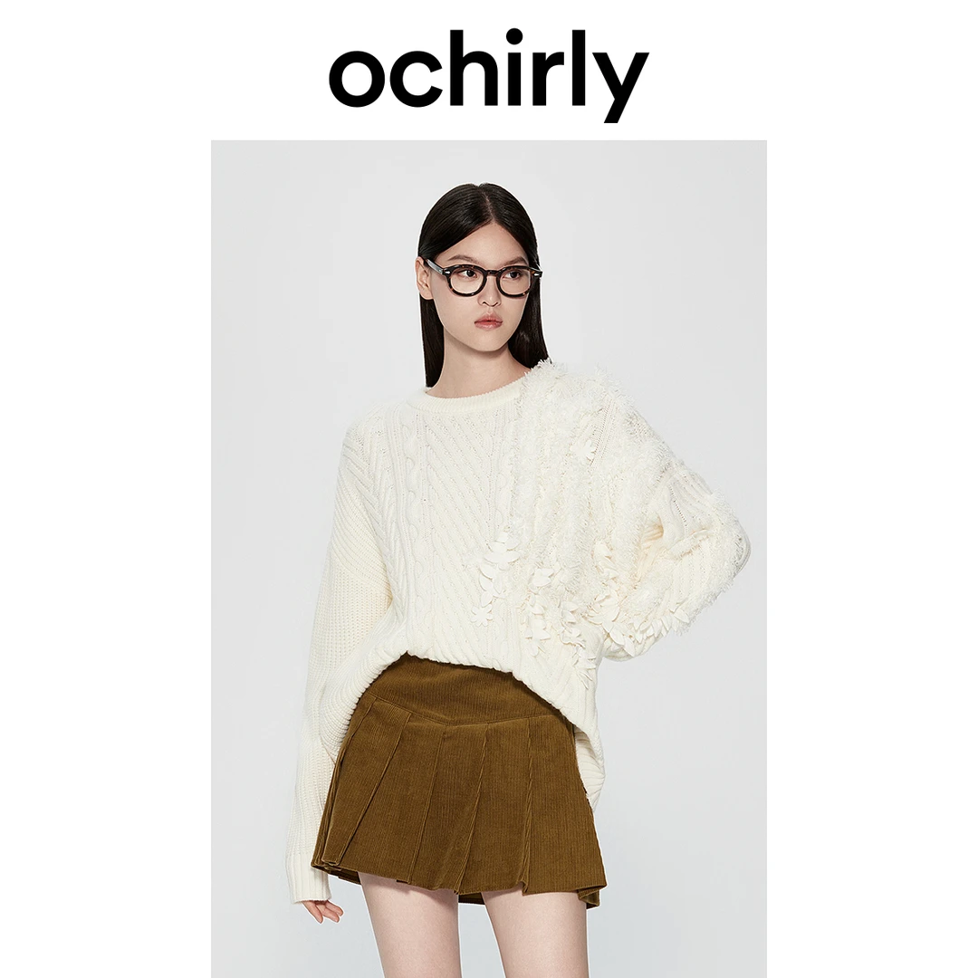 ochirly欧时力 落肩宽松毛衣女2023新款冬装针织衫软糯流须花朵