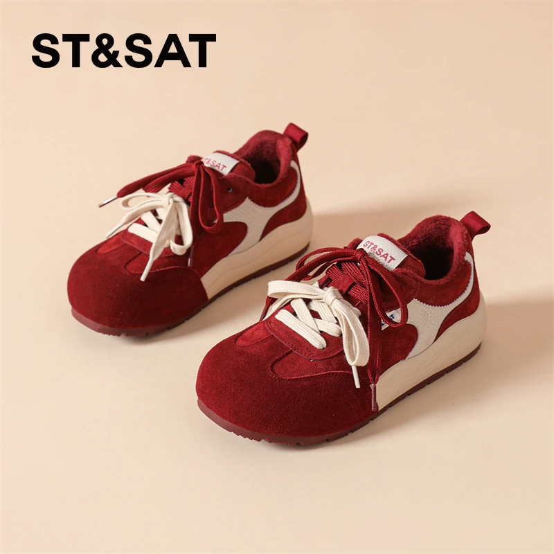 星期六红色阿甘鞋女款2025新款冬季休闲德训鞋加绒软底休闲运动鞋