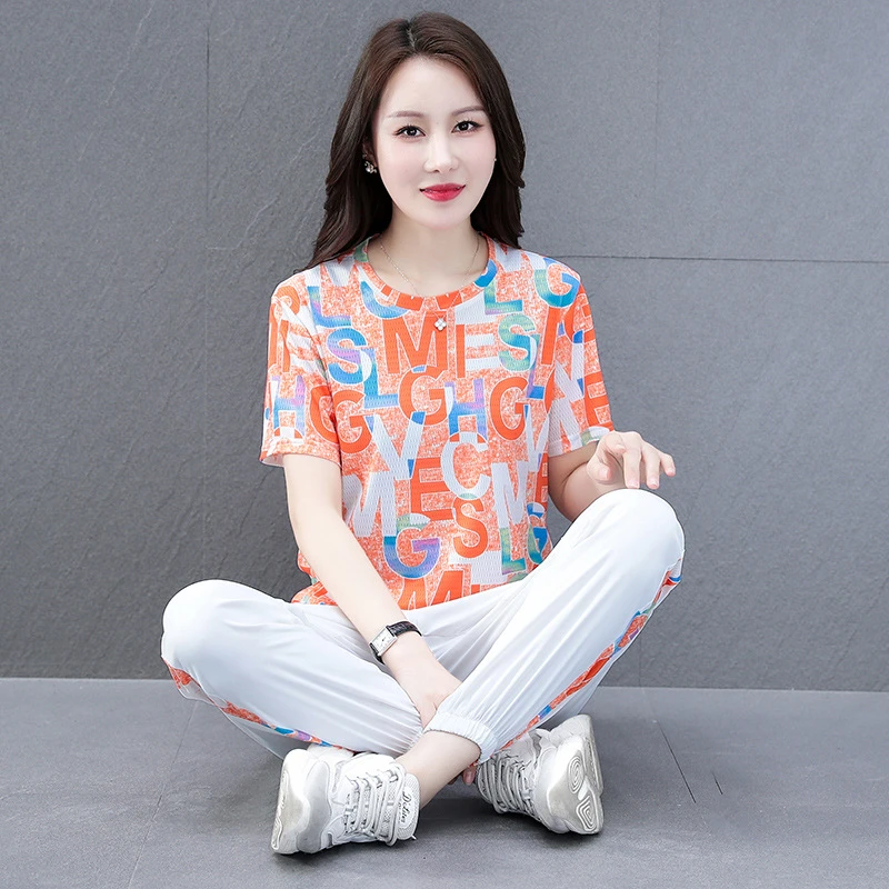 A运动套装女士夏季2022新款网红冰丝速干大码短袖休闲广场舞两件