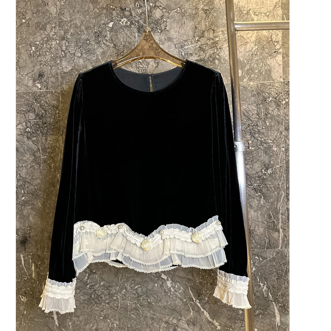 法式蕾丝边拼接玫瑰花褶皱花边桑蚕丝真丝丝绒设计感气质上衣套头