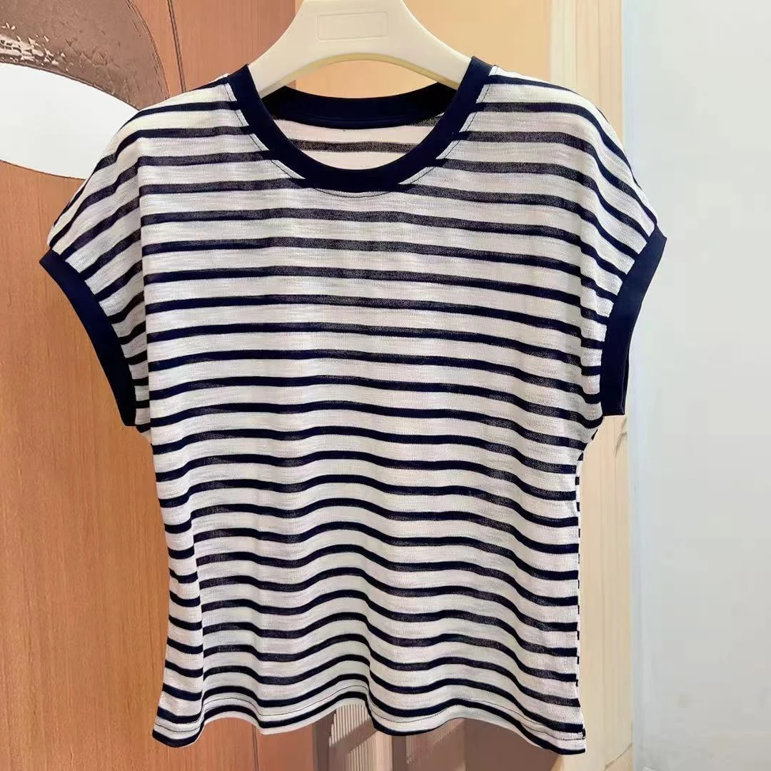 圆领无袖条纹超薄针织年夏季拼色透气显瘦套头针织T恤衫54