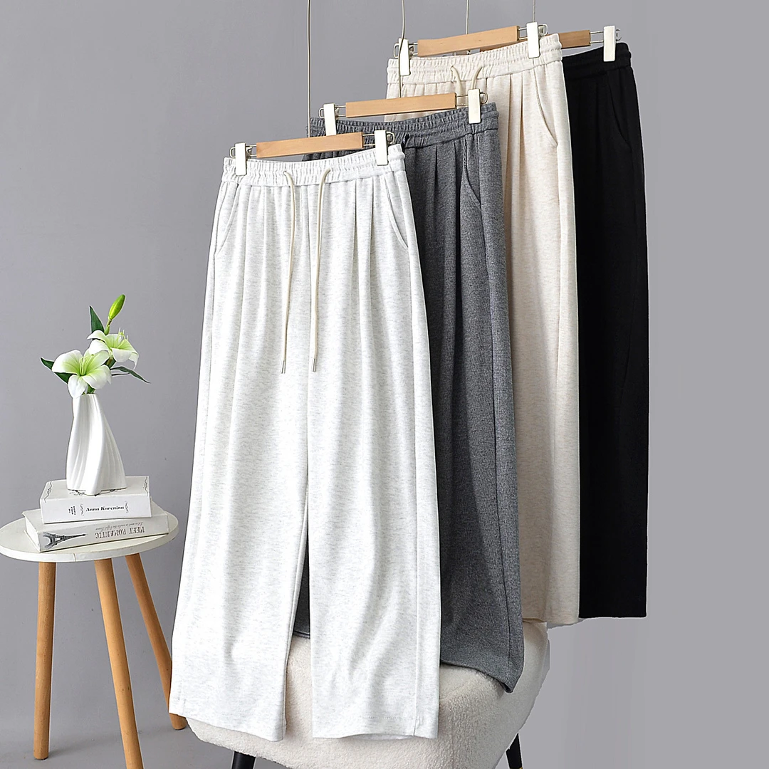 {3010}大码女装松紧腰针织阔腿裤腰上褶皱显瘦休闲裤