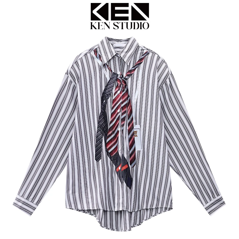 KEN STUDIO春夏新款领带印花长袖衬衫女条纹设计感休闲宽松上衣