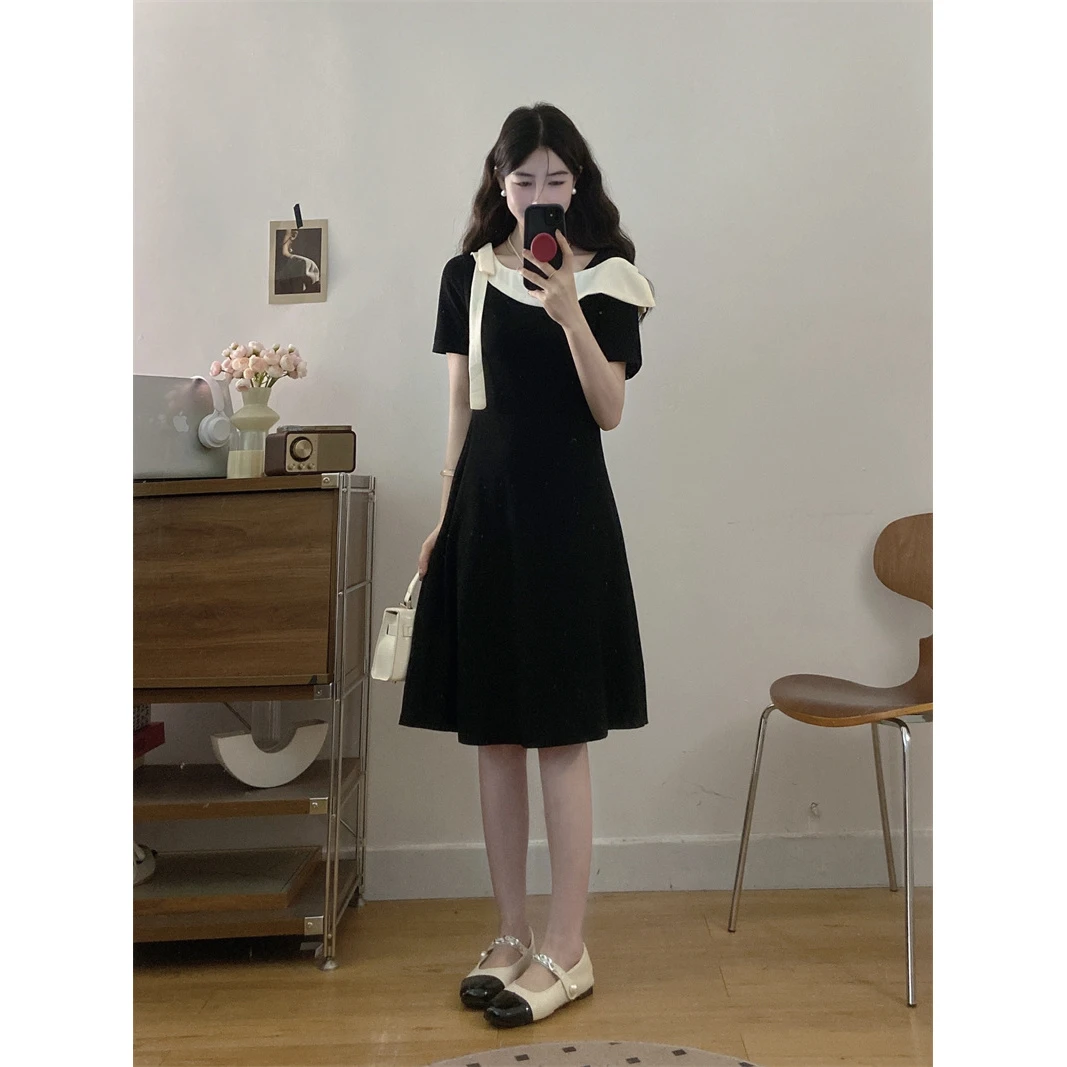 2025新款大码L-4XL显瘦梭织100%聚酯纤维黑白拼接收腰撞色气质短