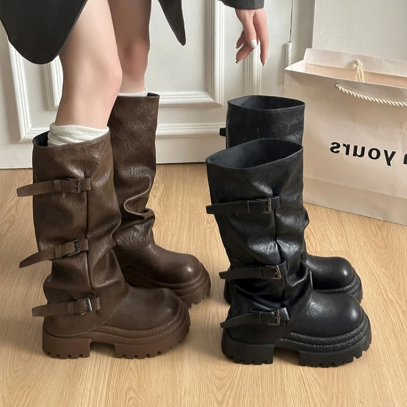 美拉德小个子皮带扣裤管长靴女2025秋冬季新款显瘦堆堆长筒骑士靴