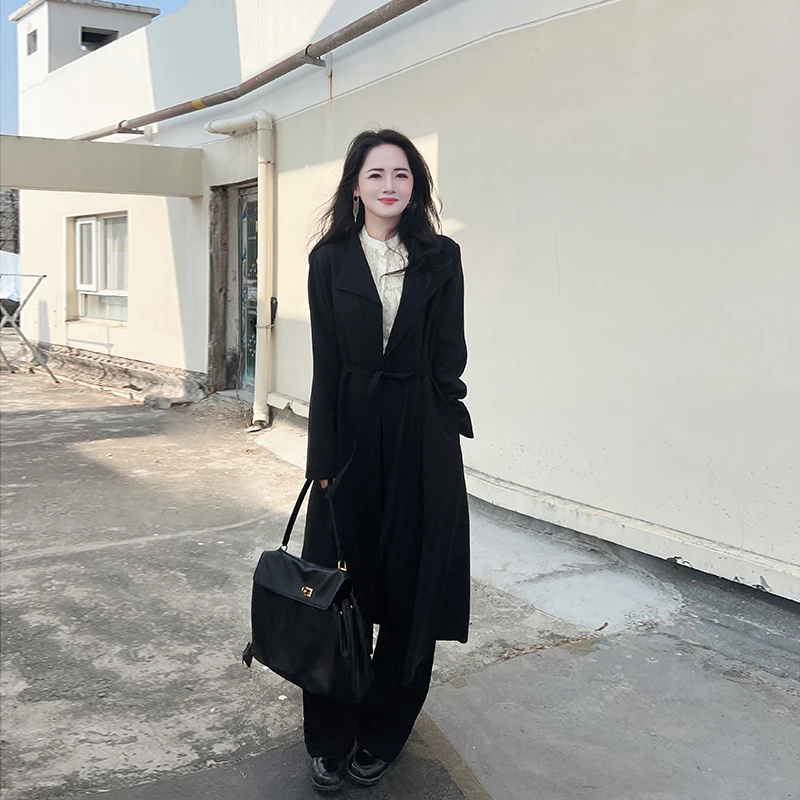 法式浪漫小雅～翻领帅气醋酸长款显瘦气质黑色风衣