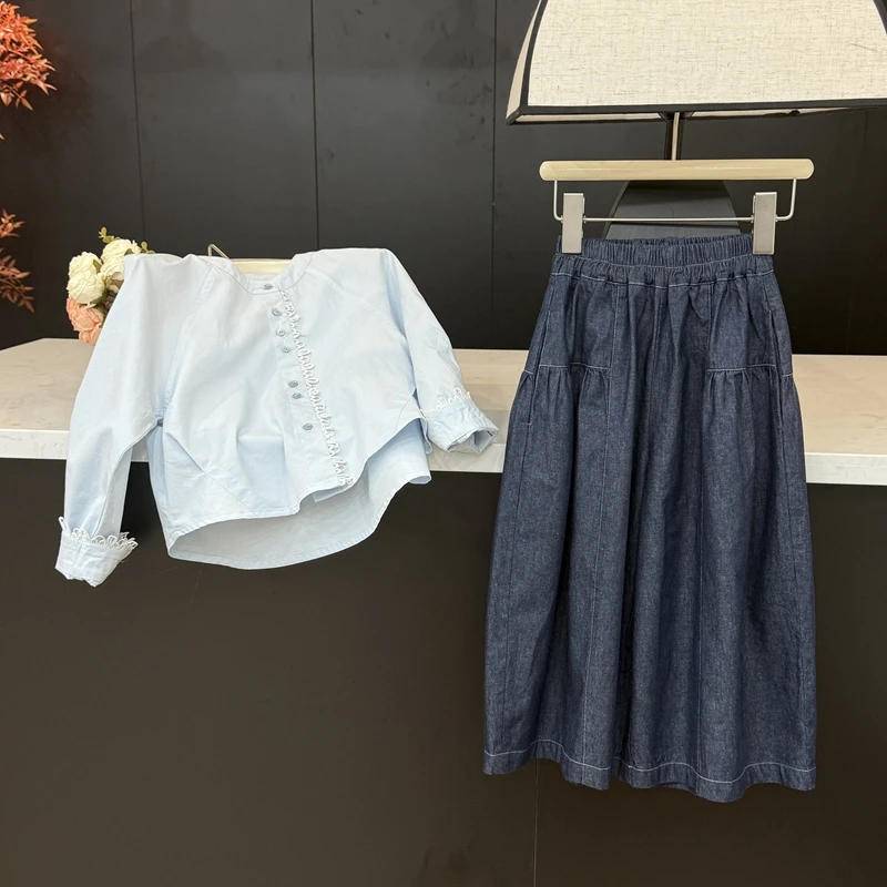 leomama女童韩版牛仔阔腿裙裤春复古百搭设计感时尚休闲裤