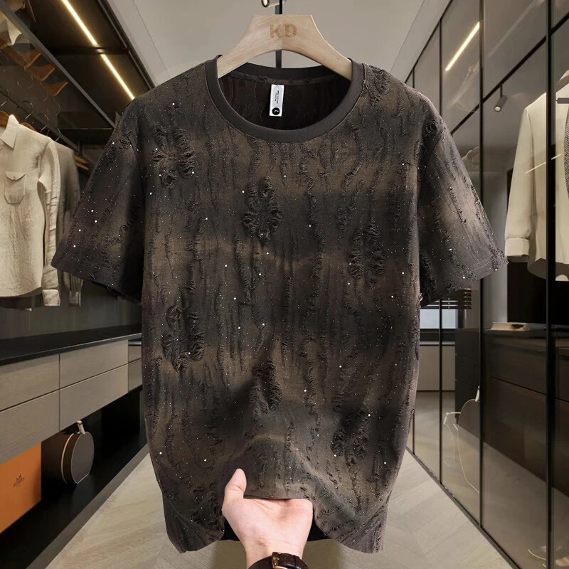 2025夏季新款潮流破洞猫须个性圆领上衣男短袖T恤百搭休闲时尚男