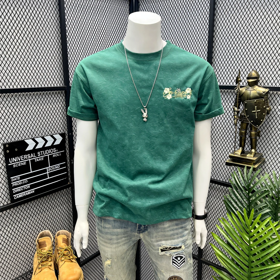 美式花卉刺绣冰丝短袖T恤男夏季潮牌凉感五分袖宽松休闲圆领上衣