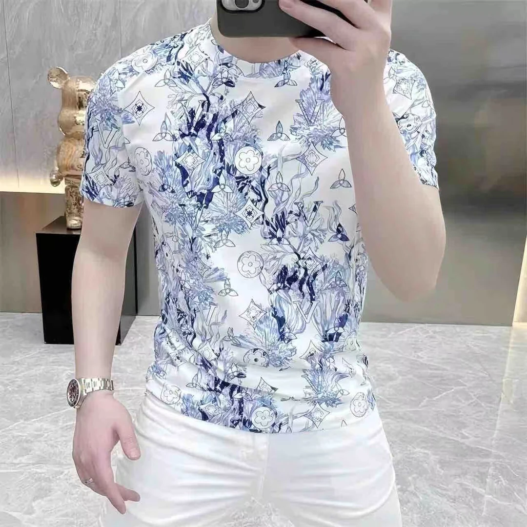 夏季男士百搭短袖冰丝修身圆领透气潮流印花提花韩版短袖T恤男