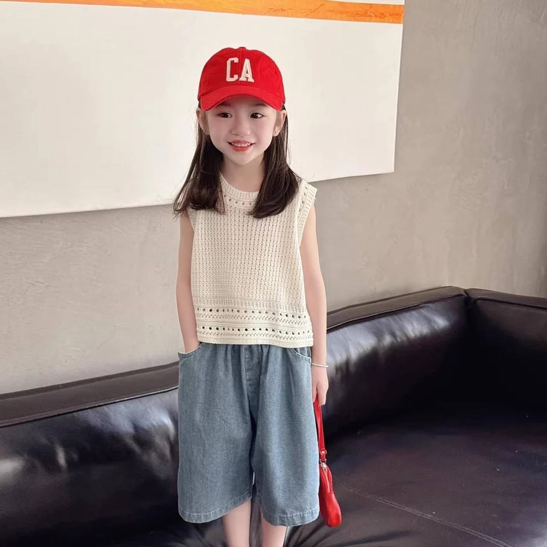 韩版女童夏季套装2025新款镂空马甲背心洋气阔腿裤两件套休闲时尚