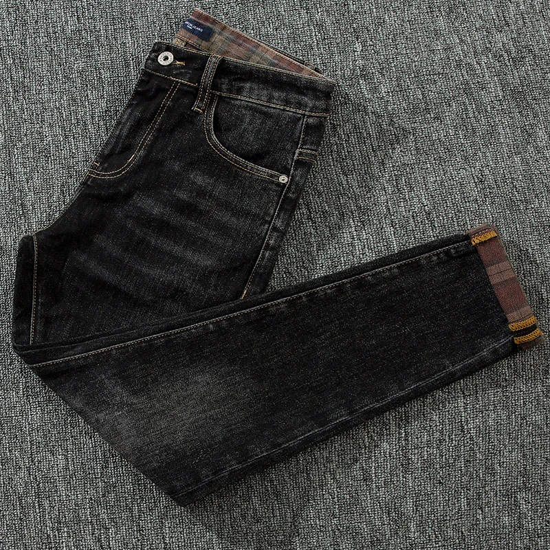 潮牌时尚黑灰色男牛仔裤子修身韩版百搭水洗复古弹力印花底小脚裤