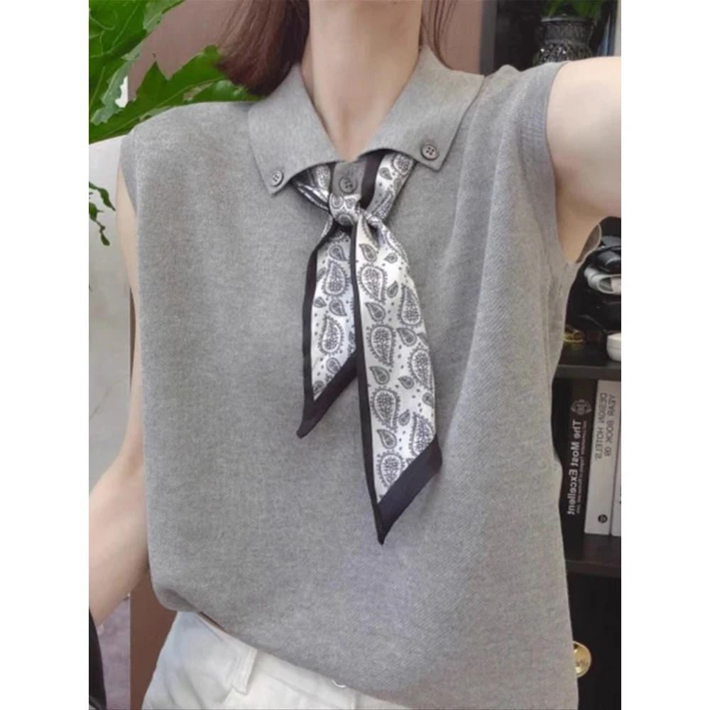 气质翻领丝巾领带无袖针织衫女2025夏时尚洋气高级感Polo领上衣