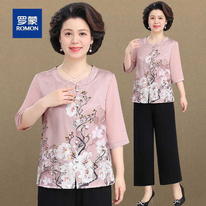 罗蒙妈妈夏装雪纺短袖T恤衫套装洋气上衣中老年女装新款国风小衫