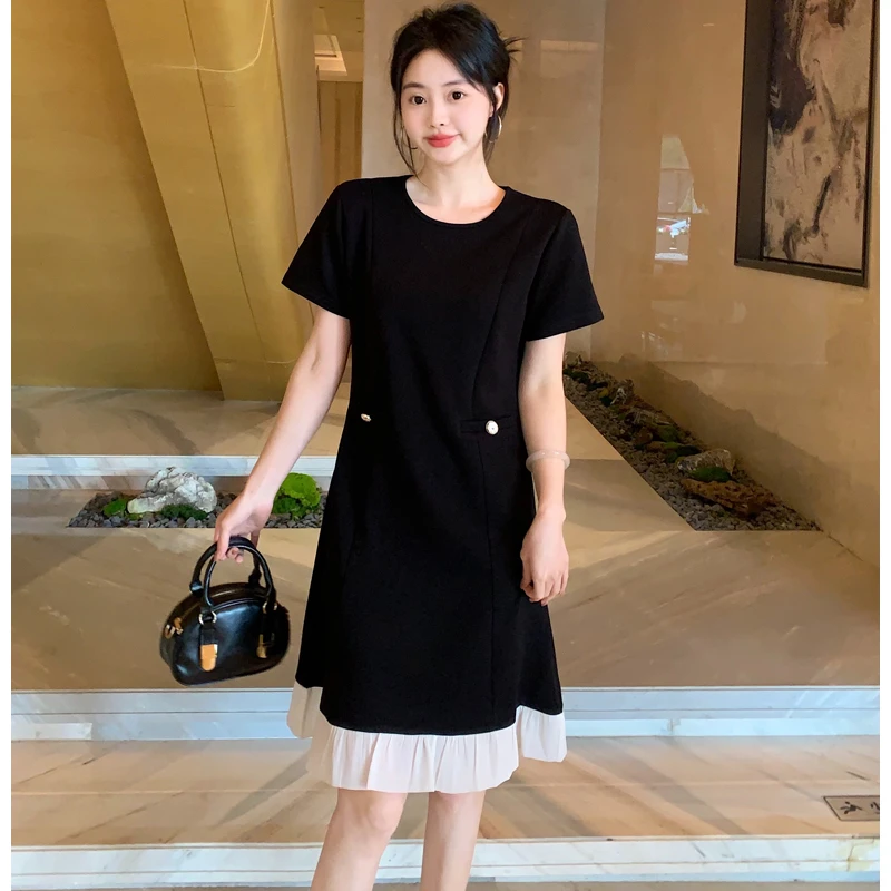 2025夏季新款气质设计裙边花边拼接优雅黑色显瘦连衣裙#662