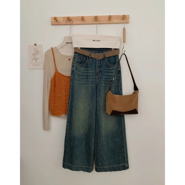 3987韩版简约设计感秋季高腰显瘦复古阔腿带腰带潮流牛仔长裤