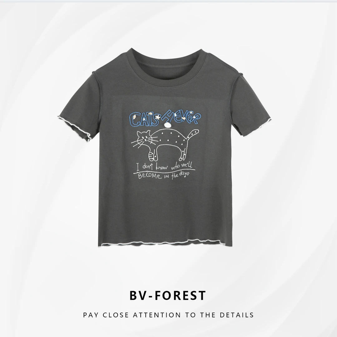 BV-FOREST“远方来信”圆领印花遮肉显瘦猫咪短袖T恤BV-T096