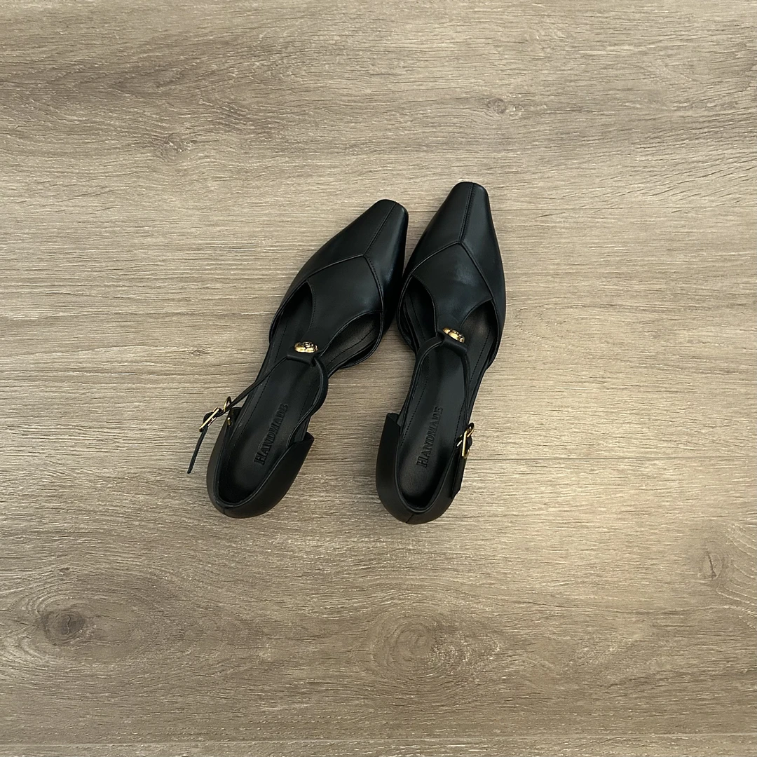 Dannyfrey夏季法式包头浅口凉鞋女黑色T字带百搭细跟玛丽珍