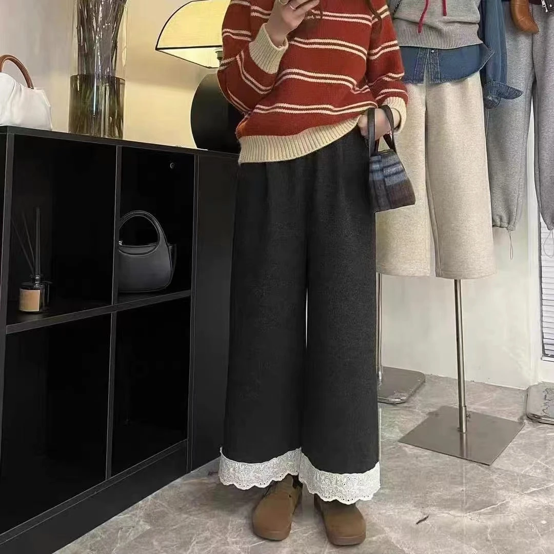 设计款拼接蕾丝花边加厚显瘦阔腿裤