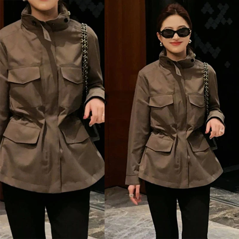 韩系复古时尚工装外套女春季新款立领显瘦收腰休闲百搭夹克上衣