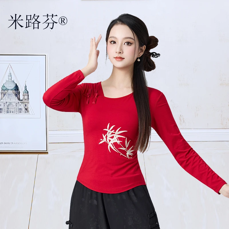 中国风长袖莫代尔练功服民族风刺绣T恤古典舞蹈演出服装春秋红色
