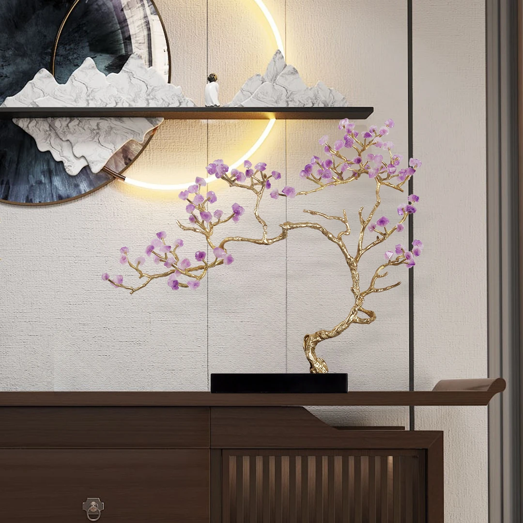 紫气东来天然紫水晶迎客松摆件轻奢客厅家居玄关桌面摆件乔迁送礼