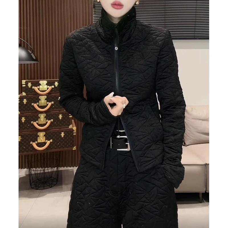 高级感压花立领双拉链夹棉外套女2025秋冬新款修身显瘦轻薄小夹克