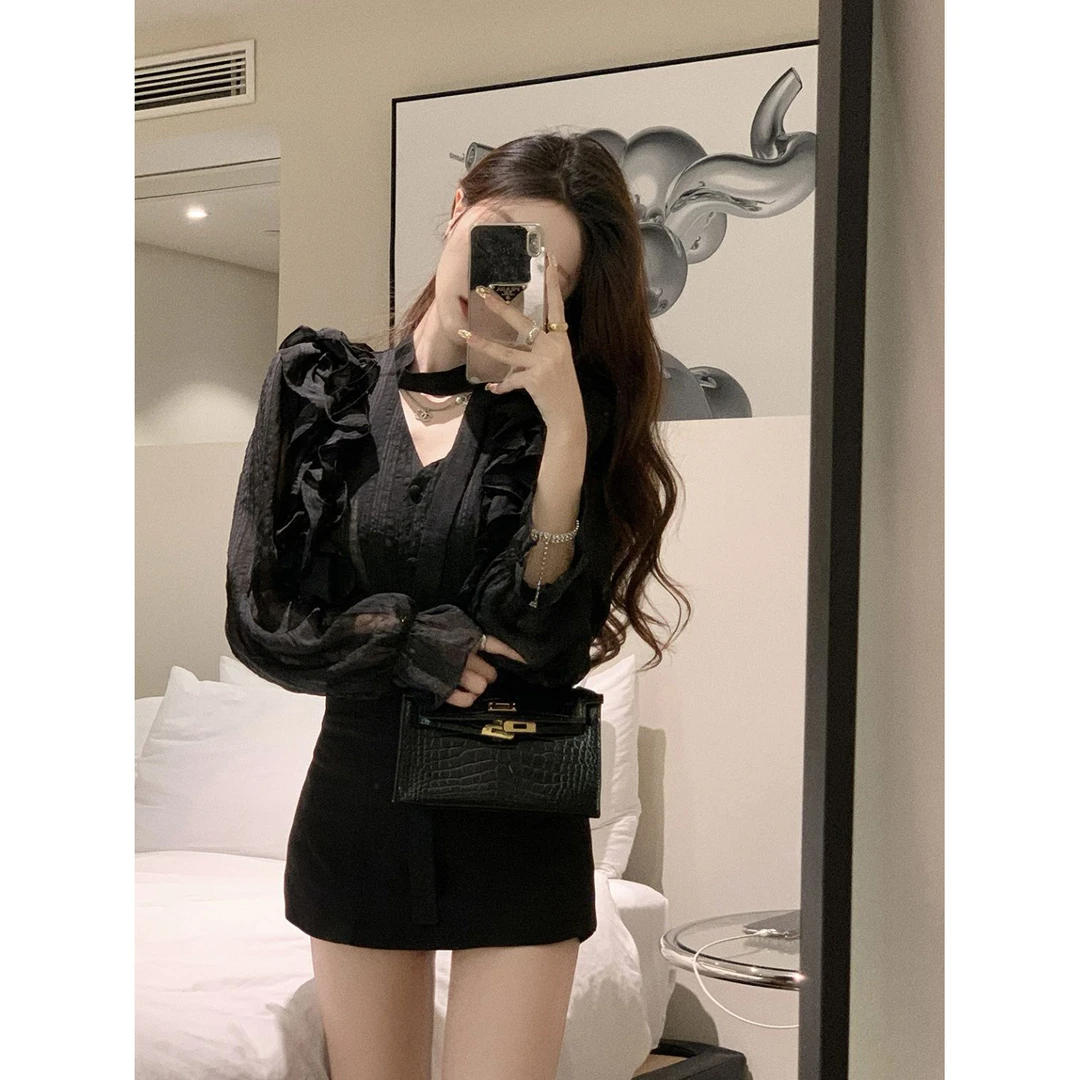 2025欲风木耳边雪纺衬衫女新款秋装气质别致洋气显瘦百搭长袖衣