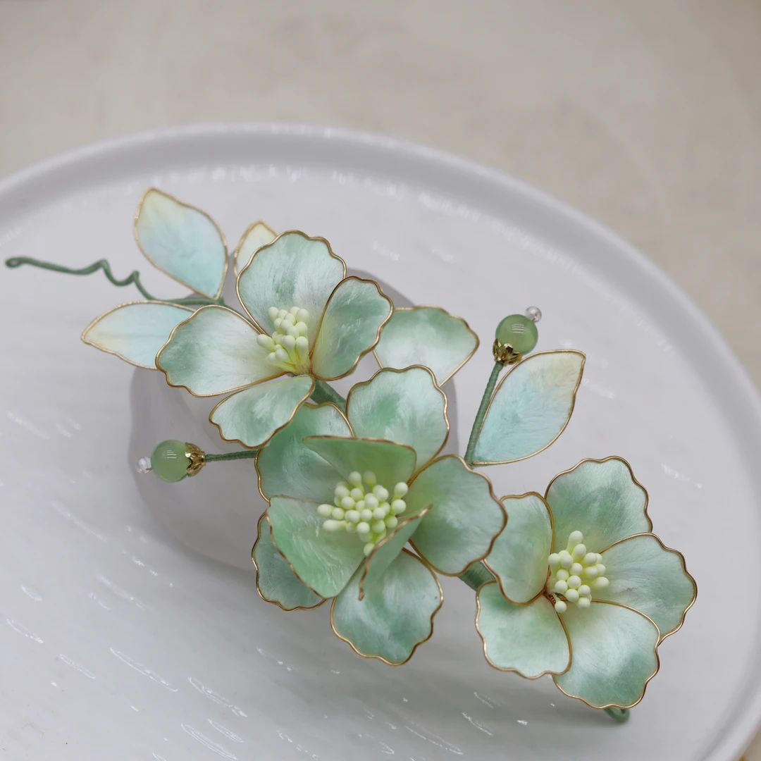 淡绿蚕丝绒花掐丝绒花头饰汉服发饰