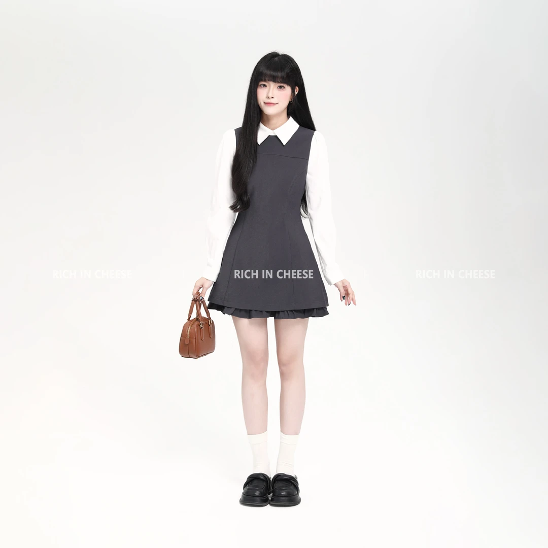 RICHINCHEESE  暗夜柔姿【撞色版】 假两件撞色设计气质收腰连衣裙