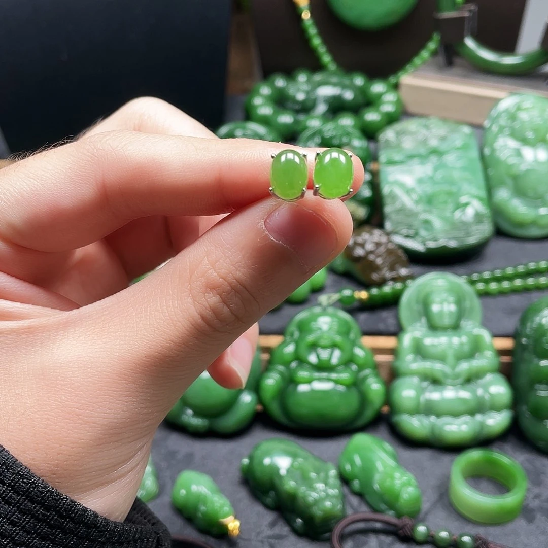 和田玉（碧玉）耳饰银S925镶嵌